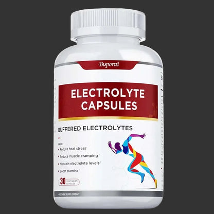 Bottle of electrolyte capsules with a colorful label on a white background
