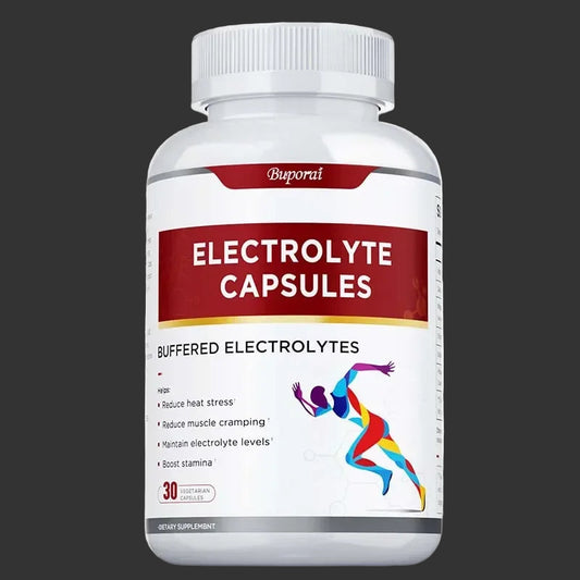 Bottle of electrolyte capsules with a colorful label on a white background